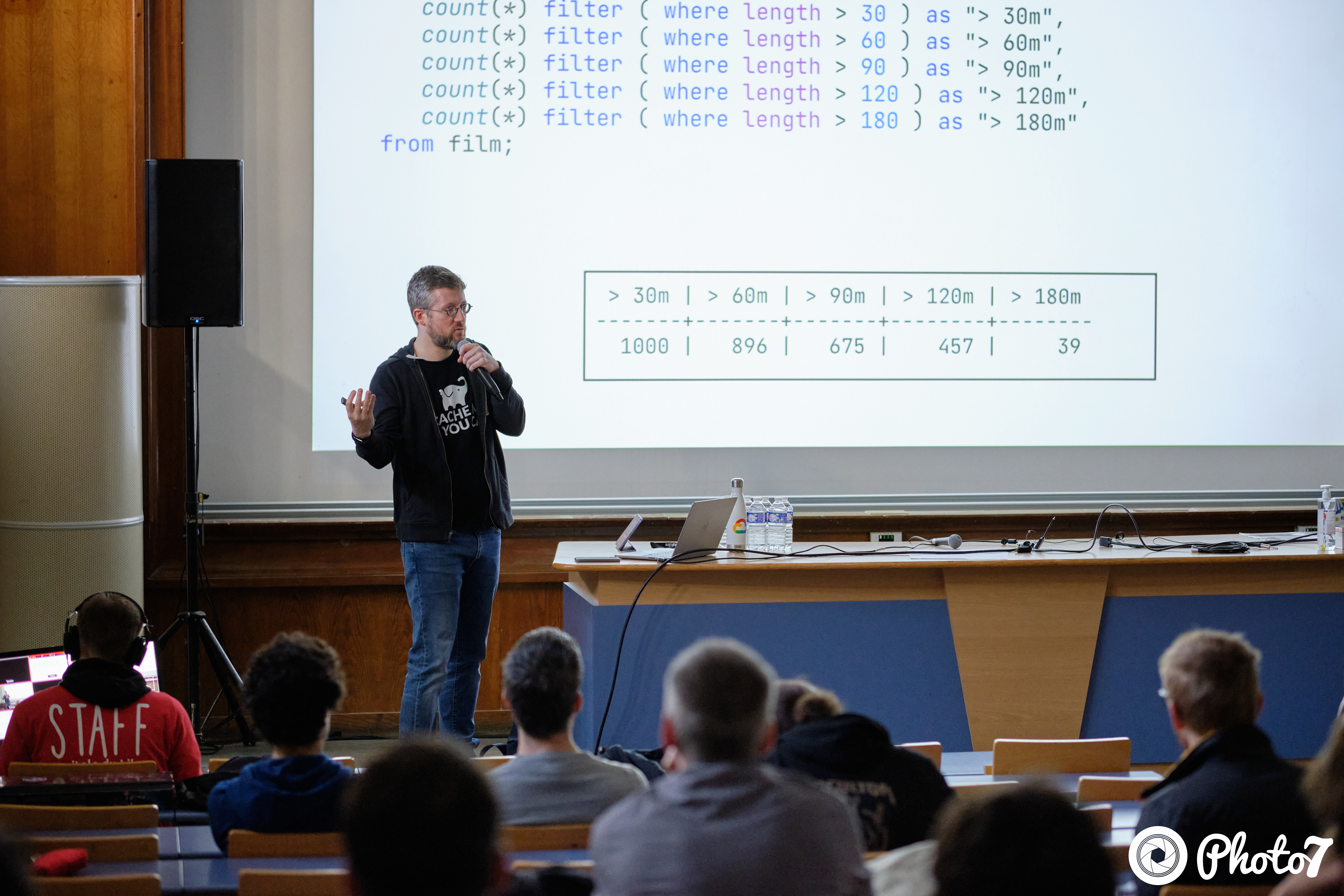 Salle de conférence vue depuis le fond avec l'écran de projection