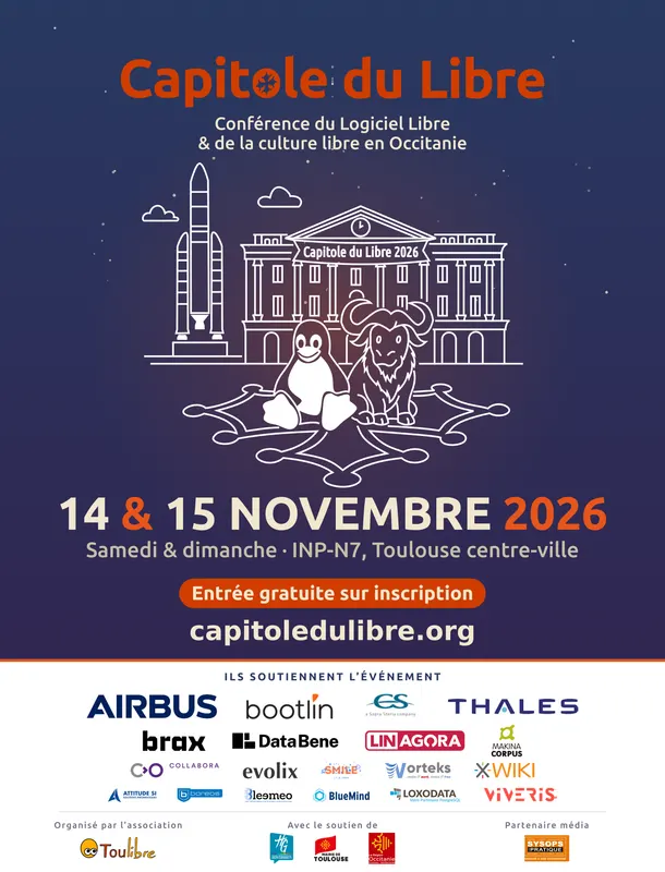 Affiche du Capitole du Libre 2026 : 14 & 15 novembre 2026, ENSEEIHT, Toulouse, avec les logos des partenaires